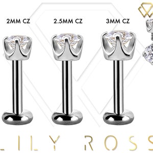 18k Solid White Gold Tiny Cartilage Earring - Round Cz Prong Set 16G Internally Threaded Labret - Tragus Stud.. Sizes From 4mm to 12mm