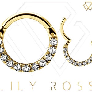 Superbes bijoux piercing Daith en or, bague hélix/cartilage/septum sertie de zircons Swarovski. Or PVD sur acier chirurgical 316L 16 g - 6,7 ou 8 mm