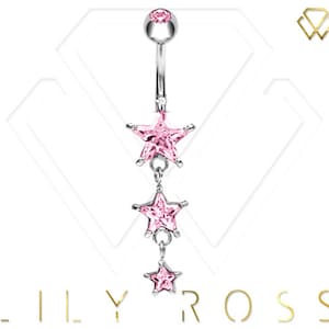 Triple Star Dangle Belly Ring – Surgical Steel, Light Rose Swarovski CZ