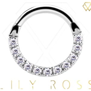Genuine Diamonds Solid 18k White Gold Daith/Septum Hinged Ring Eternity Clicker with Swarovski Created Diamonds..16g - From 6mm to 10mm