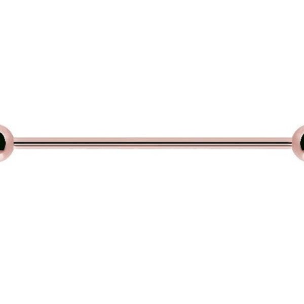 14k Solid Rose Gold 14g Industrial Barbell with 3mm,3.5mm,4mm or 5mm Balls - From 24mm to 50mm