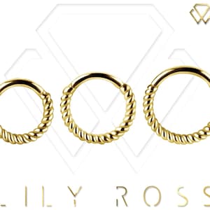 Anneau de déclic/septum articulé Daith en corde torsadée en or massif 18 carats, disponible en 18 g ou 16 g - 6,7,8,9,10 ou 11 mm. (Sans nickel)