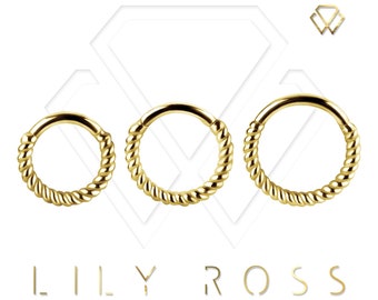 18k Solid Gold Twisted Rope Daith Hinged Piercing Clicker/Septum Ring, Comes in 18g or 16g - 6,7,8,9,10 or 11mm. (Nickel Free)