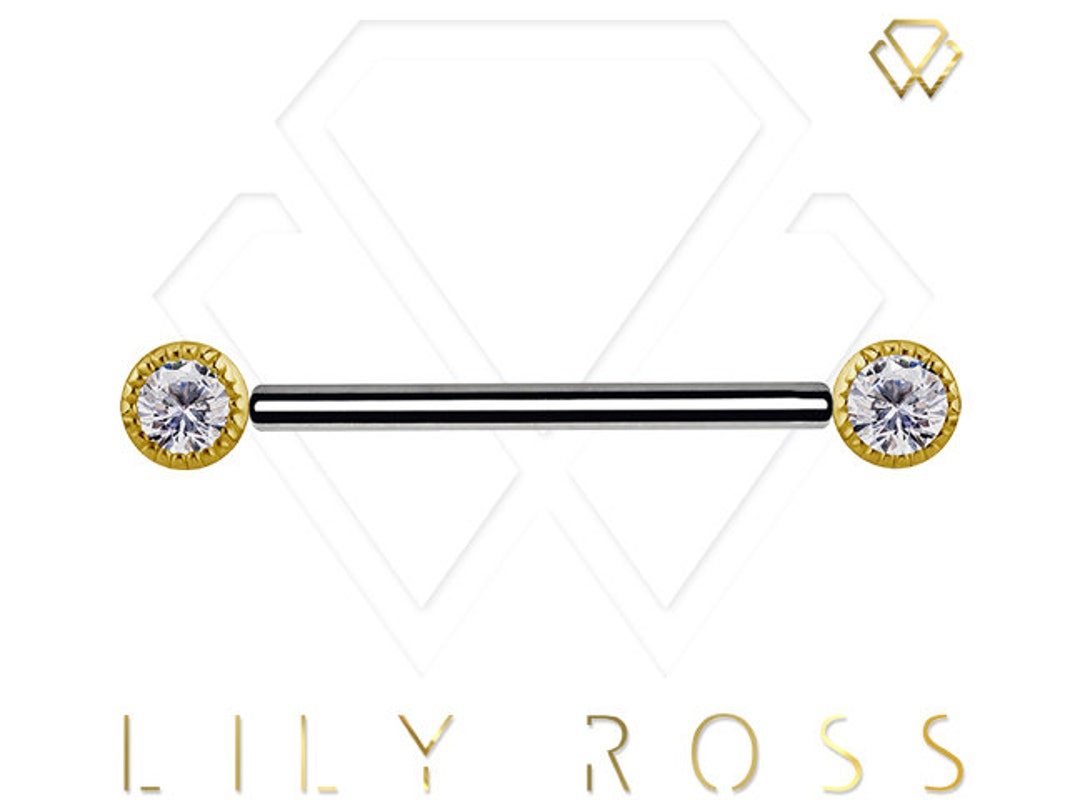 18K Solid Gold and Titanium Threadless Nipple Barbell, Hand Set With