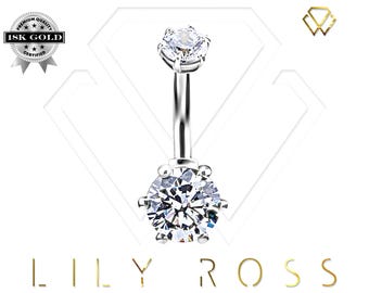 18k Solid White Gold Beautiful Internally Threaded Double Gems Belly Button Ring - 5A Grade Swarovski Cz..Comes in 14g - 6mm to 12mm