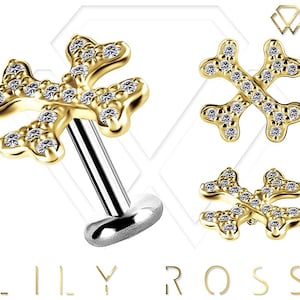 18K Solid Gold X Bone Cartilage Earring Set with Premium Swarovski Cz - 16G Internally Threaded Titanium Labret - Sizes From 4 to 12mm.