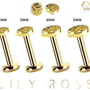 Disco martillado de oro macizo de 18 k 16 g Labret perforador de cartílago de hélice con rosca interna con 2,5 mm, 3 mm, 4 mm o 5 mm.. 16 g - De 4 mm a 12 mm