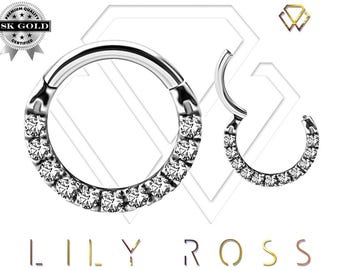 Genuine Diamonds Solid 18k White Gold Septum/Daith Hinged Ring Eternity Clicker with Swarovski Created Diamonds..16g - From 6mm to 10mm