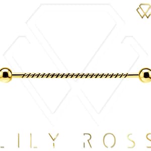 Twisted Gold Industriële Helix Kraakbeen Barbell - 18k Goud PVD Over Chirurgisch Staal met 5mm Ballen.. Wordt geleverd in 14g- 32,34,36,38 of 40mm
