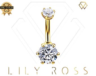 Beautiful 18k Solid Gold Double Gems Internally Threaded Belly Button Ring-5A Grade Swarovski Cz..Comes in 14g - 6mm to 12mm ( Nickel Free )