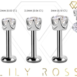 New Genuine Diamond 18k Solid White Gold Tiny Cartilage Earring - 16G Internally Threaded Labret - Tragus Earring.. Sizes From 4mm to 12mm