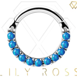 Clicker de piercing Daith de chrome de cobalt sans nickel, anneau de septum serti d'opales bleues. CoCrNF 16g - 6,7,8,9 ou 10mm