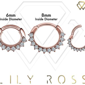 Magnifique serti clicker pour piercing daith, hélice et septum en or rose, oxyde de zirconium swarovski blanc PVD or rose sur acier chirurgical 16 g - 6 mm ou 8 mm