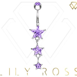 Dangle Surgical Steel Triple Star Belly Button Ring with 5A Grade Lavender Swarovski Cz..14G - 8mm or 10mm