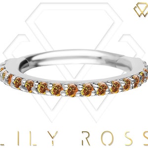 Genuine Diamonds Platinum PT950 Hinged Ring, Daith/Cartilage/Conch Ring..Lab Created Citrine Diamonds Eternity..16g - From 6mm to 11mm