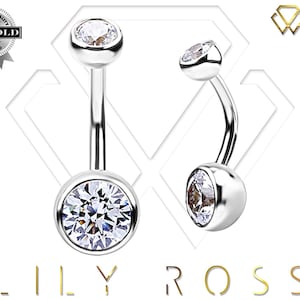 Beautiful 18k Solid White Gold Double Gems Internally Threaded Belly Button Ring-5A Grade Swarovski Cz..Comes in 14g - 6mm to 12mm