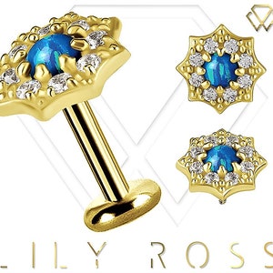 New 18k Solid Gold Blue Opal Cartilage Earring - 16G Internally Threaded Labret - Tragus Earring.. Sizes From 4mm to 12mm (nickel free)