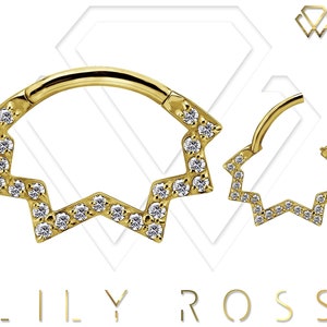Magnifique ensemble de piercings Daith en or massif 18 carats avec oxyde de zirconium Swarovski 16 g - 7 mm de diamètre intérieur