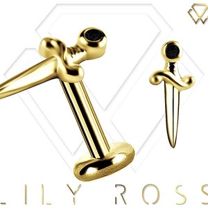 18K Solid Gold Dagger Cartilage Earring Set with Premium Black Swarovski Zirconia - 16G Internally Threaded Labret - Sizes From 4 to 12mm.