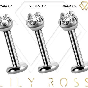 Beautiful Internally Threaded Tragus Earring, Helix Stud, Snug Piercing Labret Jewelry Set with White Swarovski Cz..16g - 6,7,8,9 or 10mm