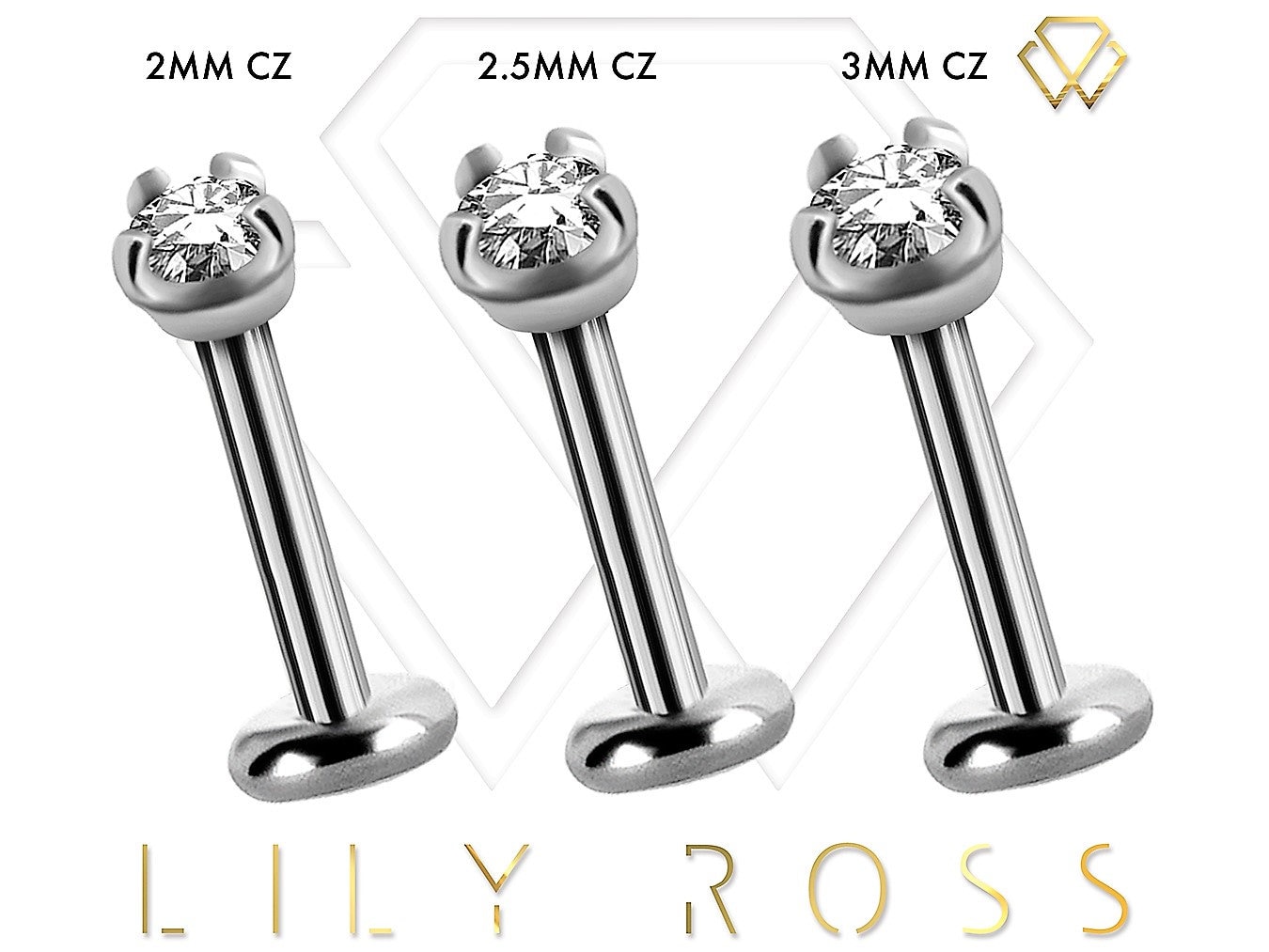 Beautiful Internally Threaded Tragus Earring, Helix Stud, Snug Piercing Labret Jewelry Set with White Swarovski Cz..16g - 6,7,8,9 or 10mm