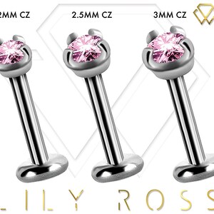 Beautiful Internally Threaded Tragus Earring, Helix Stud, Snug Piercing Labret Jewelry Set with Pink Swarovski Cz..16g - 6,7,8,9 or 10mm