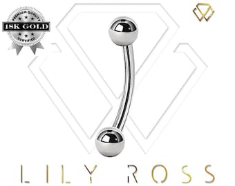 18k Solid White Gold Internally Threaded Eyebrow Curved Barbell/Rook Piercing/Daith Jewelry with 2mm, 2.5mm or 3mm Balls 16g - 6mm to 12mm