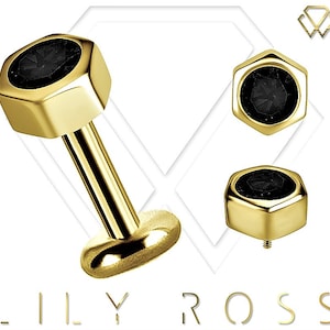 New 18k Solid Gold Tiny Cartilage Earring - 16G Internally Threaded Labret Set with 5A Grade Black Swarovski Cz.. Sizes From 4mm to 12mm
