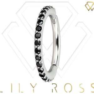 Bague articulée piercing conque en or blanc massif 18 carats sertie d'une couronne Swarovski noire de qualité 5A. Format 16 g - 7,8,9,10,11 ou 12 mm