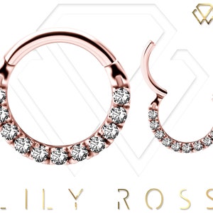 Superbes bijoux piercing Daith en or rose, anneau de septum serti de zircone cubique Swarovski or rose PVD sur acier chirurgical 316L 16 g - 6,7 ou 8 mm