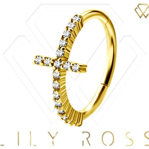 Belle conque en or Piercing Croix Clicker sertie de Swarovski blanc Cz..Or PVD sur acier chirurgical 316L 16g - 11mm ou 12mm