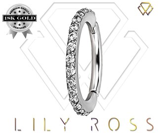 18k Solid White Gold Conch Piercing Hinged Ring Eternity Set with 5A Grade White Swarovski Cz..Comes in 18g or 16g - 7,8,9,10,11 or 12mm