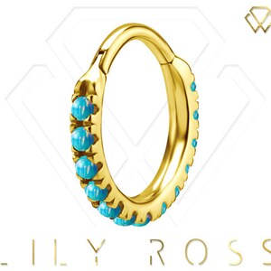 16g Gold Helix/Cartilage Eternity Clicker Ring with Turquoise Green Opals..Gold PVD over 316L Surgical Steel - Comes in 6, 8 or 10mm