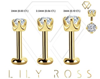 Genuine Diamond 18k Solid Gold Tiny Cartilage Earring - 16G Internally Threaded Labret Tragus Earring.. Sizes From 4mm to 12mm (Nickel Free)