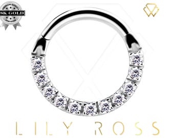 Genuine Diamonds Solid 18k White Gold Daith/Septum Hinged Ring Eternity Clicker with Swarovski Created Diamonds..16g - From 6mm to 10mm