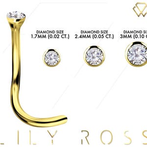 Genuine Diamond 18K Solid Gold Nose Stud, Bezel Setting with 1.7mm, 2.4mm or 3mm Diamond..20G - 6.5mm