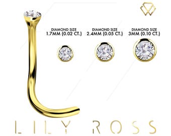 Genuine Diamond 18K Solid Gold Nose Stud, Bezel Setting with 1.7mm, 2.4mm or 3mm Diamond..20G - 6.5mm