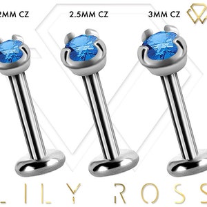 Beautiful Internally Threaded Tragus Earring/Helix Stud/Snug Piercing Labret Jewelry Set with Sapphire Swarovski Cz..16g - 6,7,8,9 or 10mm