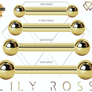 14k Solid Gold Nipple Jewelry, Tongue Barbell with 3mm,3.5mm,4mm,5mm or 6mm Balls - Comes in 14g From 8mm to 19mm.