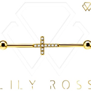 Gold Cross Industrial Helix Cartilage Barbell - 18k Gold PVD Over Surgical Steel with 5mm Balls..Comes in 14g- 32,34,36,38 or 40mm