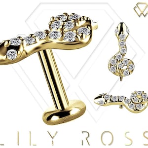 New 18k Solid Gold Snake Cartilage Earring - 16G Internally Threaded Labret - Tragus Earring.. Sizes From 4mm to 12mm