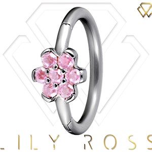 Helix/Cartilage/Tragus Clicker Hoop Ring, Hand Setting with Pink Swarovski Cz..316L Surgical Steel 16g - 8mm or 10mm