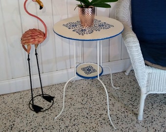 Beautiful, sturdy white metal with blue floral stencil Bistro table, on any patio or garden