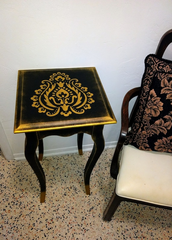 French Provincial Side Table Black and Gold Decoration. Luxury