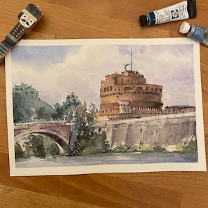 Acquerello originale / Roma / Castel Sant'Angelo / senza cornice / regalo di anniversario