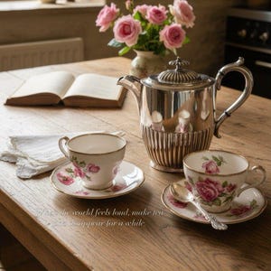 May include: A silver tea set with two floral teacups and saucers, a teapot, and a spoon on a wooden table. A vase of pink roses and an open book are also on the table. The teacups and saucers have a pink rose pattern.