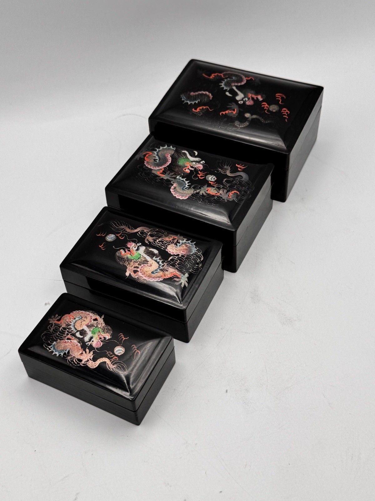 Vintage Asian Lacquerware Box Set Hand Painted Dragon Motif Black Nest ...