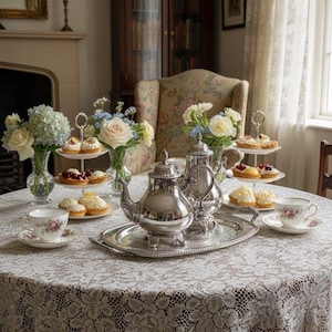 May include: A table set for tea with a white lace tablecloth. Silver tea set, tiered dessert stands with pastries, and floral arrangements of roses and hydrangeas. A cozy, inviting scene.