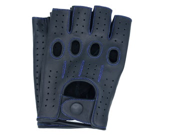 Women's Leather Fingerless Half-Finger Driving Motorcycle Gloves - Black/Blue Thread
