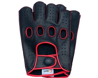 Mens Leather Reverse Stitched Fingerless Half-Finger Driving Motorcycle Gloves - Black/Red